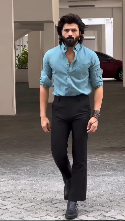 Men’s Sky Blue Button-Up Shirt with Black Slim-Fit Flared Trousers – Sharp Casual Set