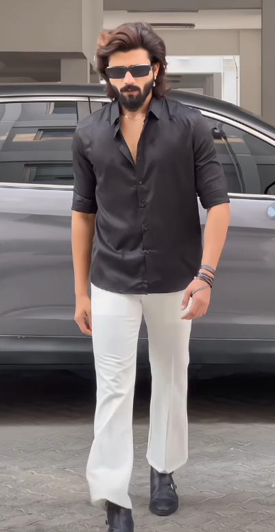 Men's Black Satin Shirt with White Flared Trousers – Luxe Street Style Set